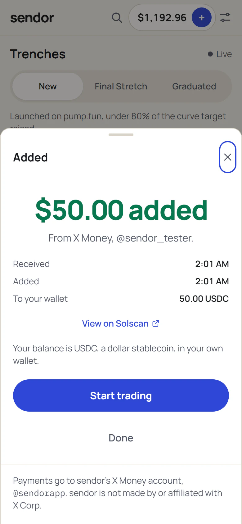 $50.00 added: received and added times, and 50.00 USDC to your wallet.