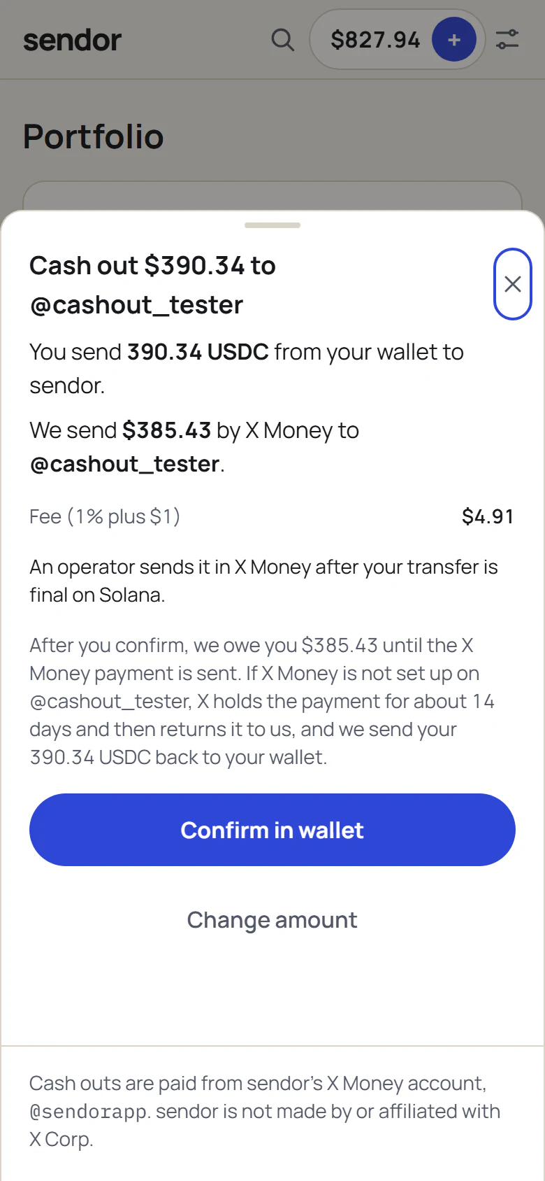 The cash out review: you send USDC from your wallet, we send dollars by X Money, fee 1% plus $1.