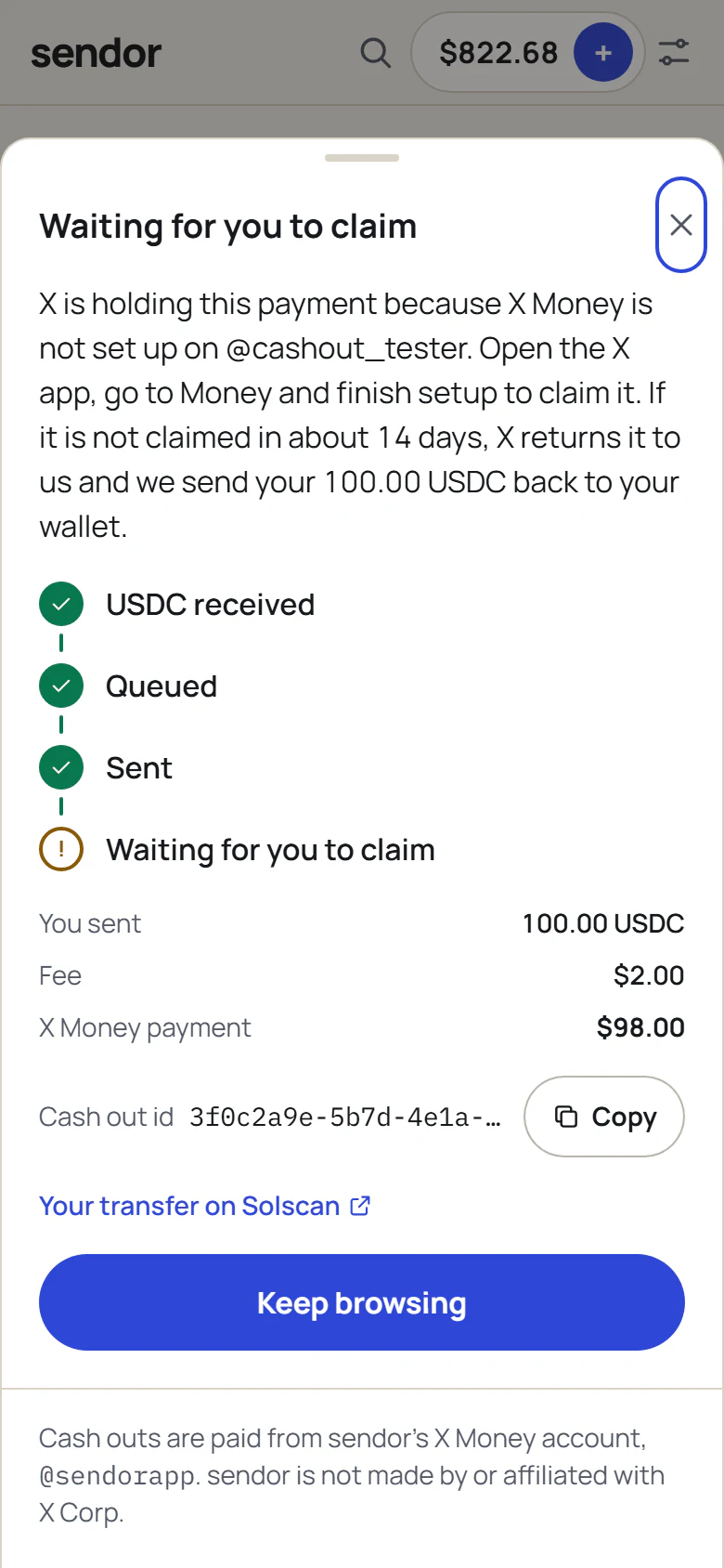 Waiting for you to claim: USDC received, queued and sent, with the payment held by X until X Money is set up.