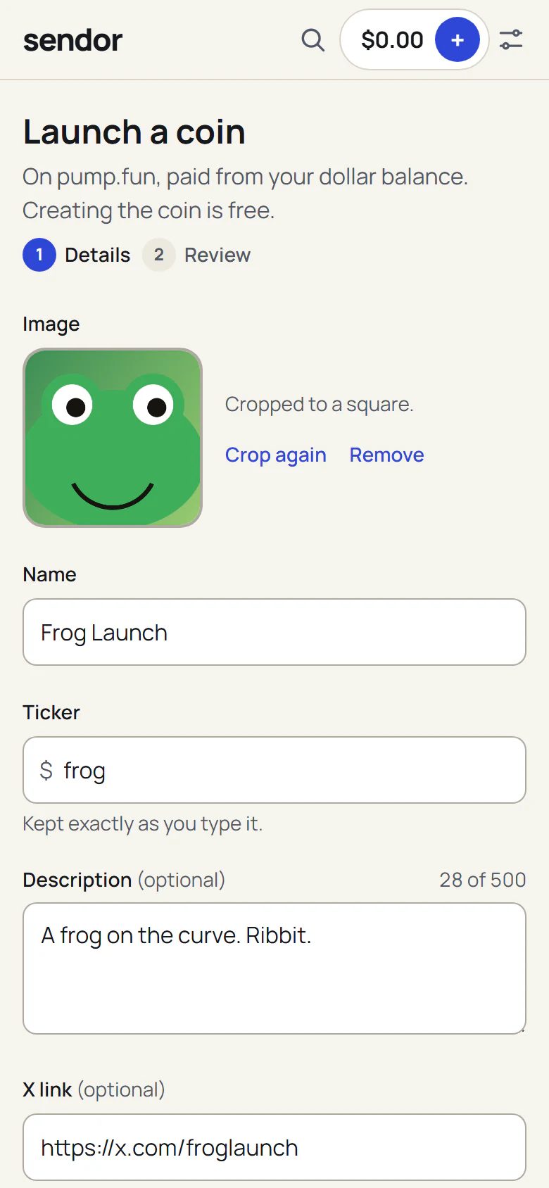 The launch form: image, name, ticker, description and links for a new coin.
