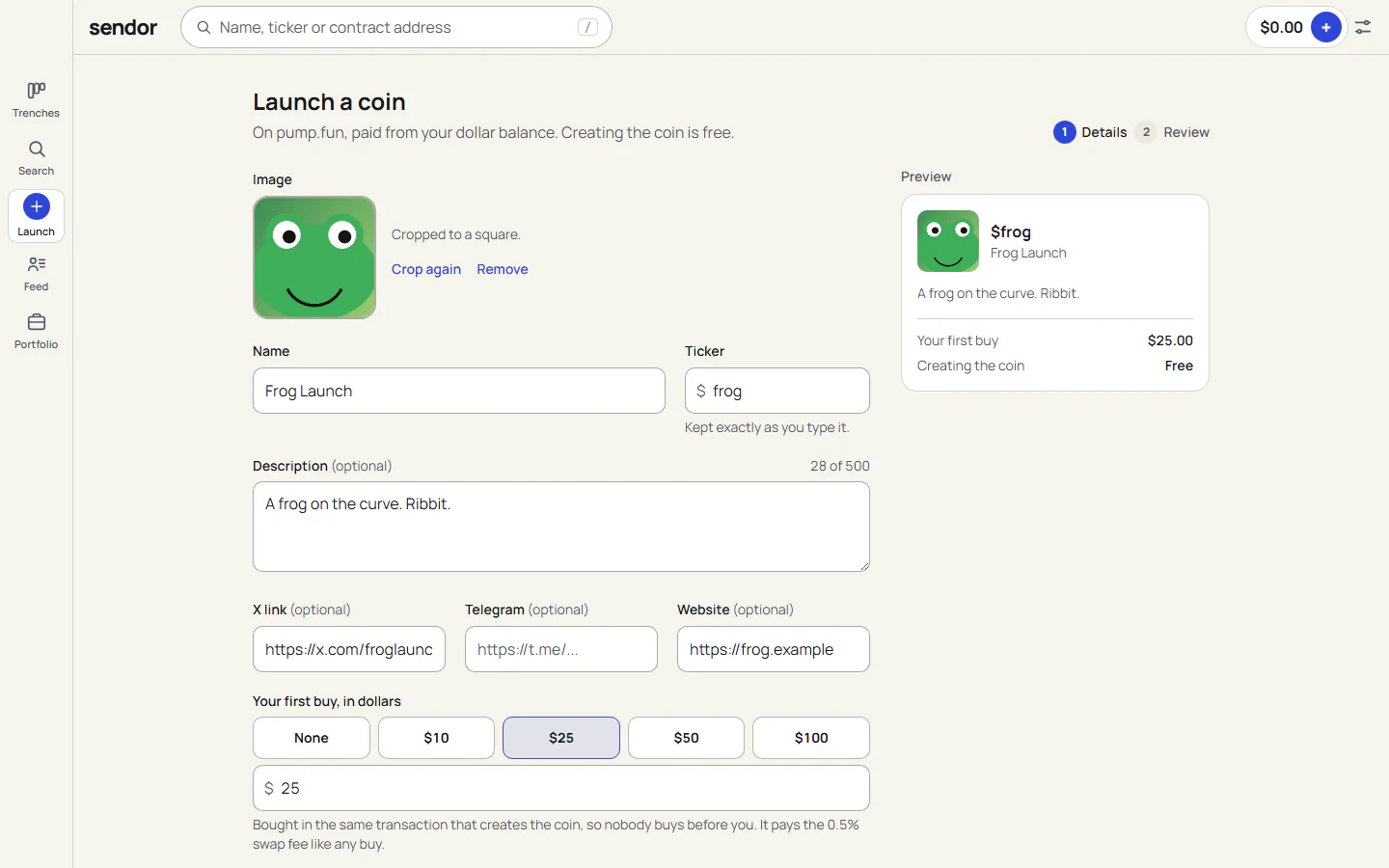 The launch form on desktop, with a preview card of the coin as it will appear.