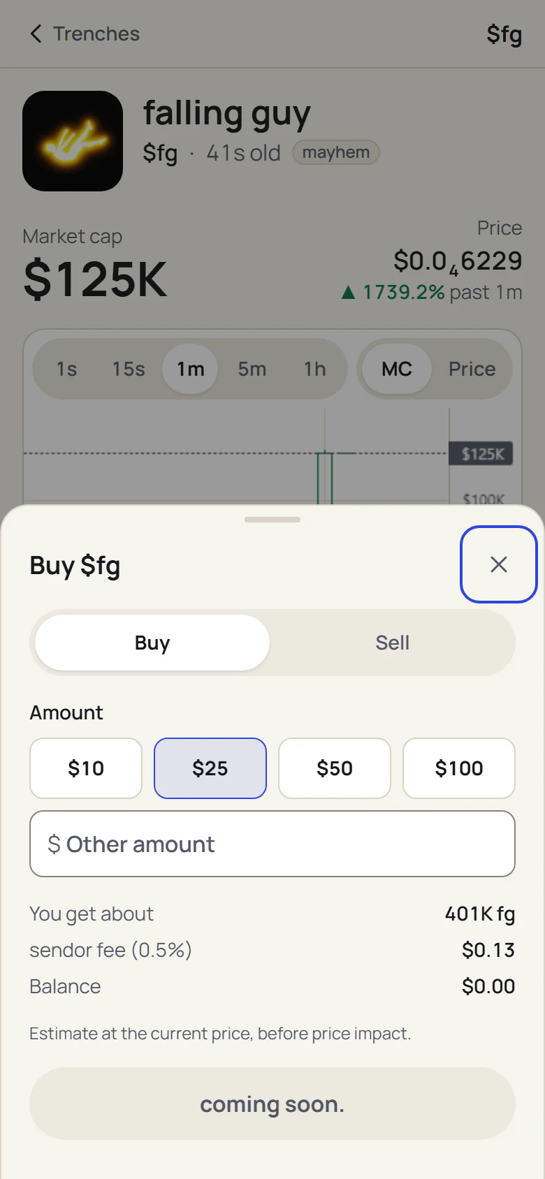 The buy sheet: dollar presets of $10, $25, $50 and $100, the coins you get, and the sendor fee of 0.5%.