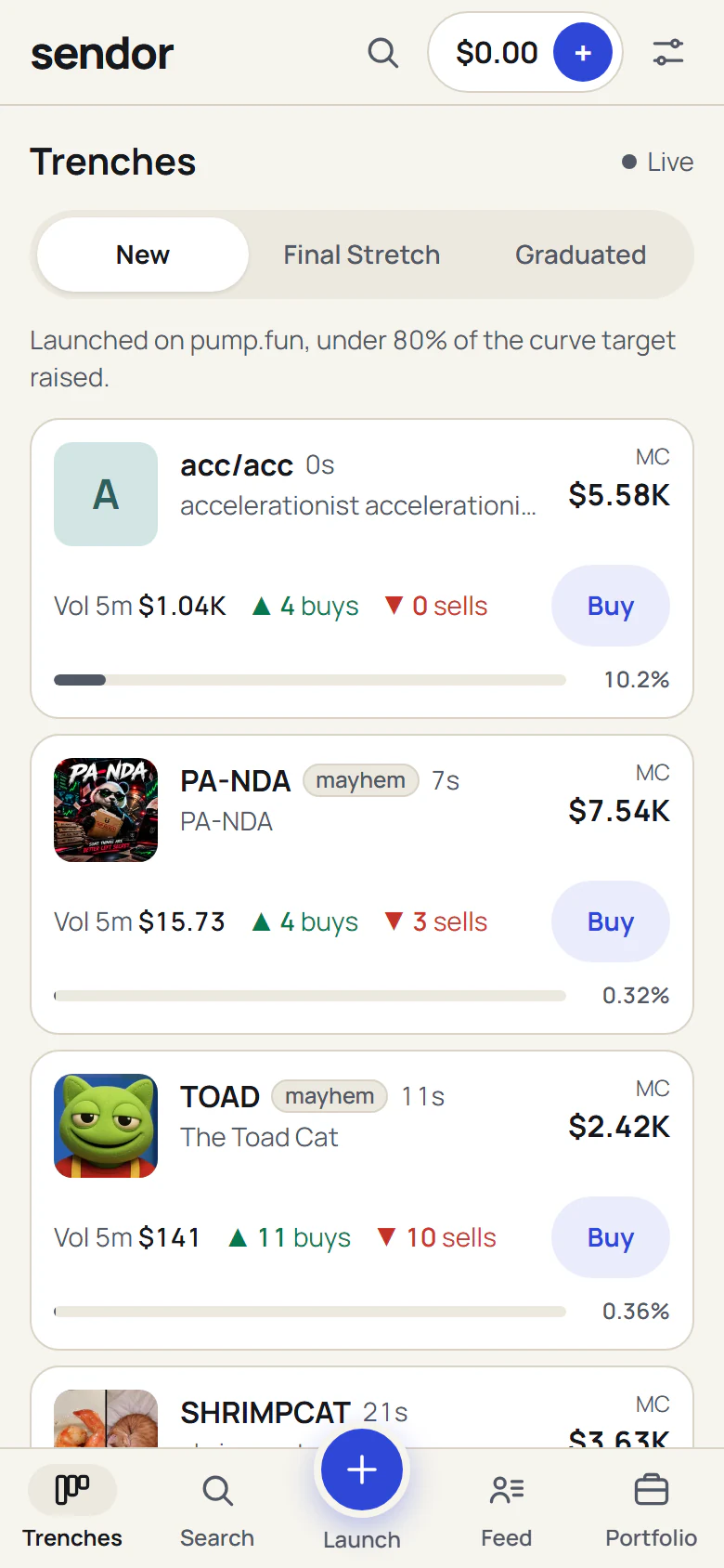 Trenches in sendor: new pump.fun coins with their art, market cap, five minute volume, buys and sells, and a Buy button on each.